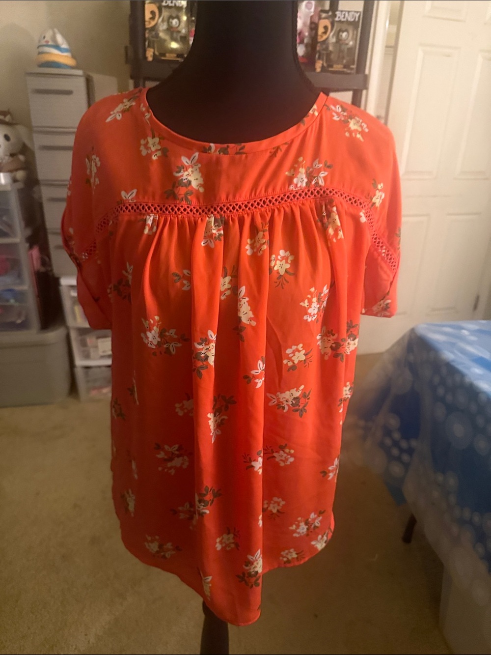 Women's Orange Floral Crochet-Yoke Top